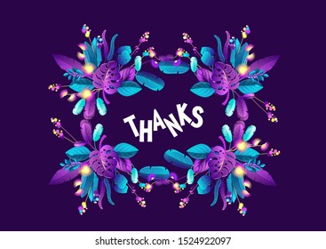 Purple background, neon tropical leaves and plants, frame for messages and congratulations, space for text.