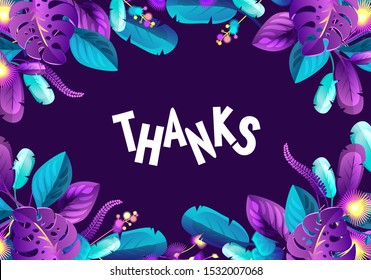 Purple background, neon tropical leaves and plants, frame for messages and congratulations, space for text.