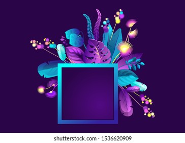 Purple background, neon tropical leaves and plants, frame for messages and congratulations, space for text.