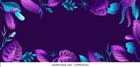 Purple background, neon tropical leaves and plants, frame for messages and congratulations, space for text.