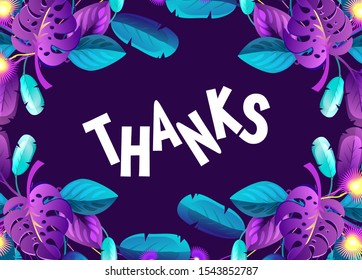 Purple background, neon tropical leaves and plants, frame for messages and congratulations, space for text.