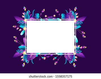 Purple background, neon tropical leaves and plants, frame for messages and congratulations, space for text.