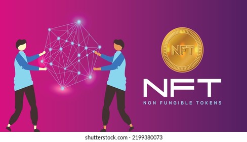 Purple background NFT nonfungible token wallpaper with gold coin, human and mobile illustration
