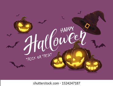 Purple background with pumpkins, bats and witches hat. Holiday card with lettering Happy Halloween and Jack O' Lanterns. Illustration can be used for children's holiday design, invitations and banners