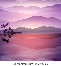 Purple background with sea and palm trees at night. EPS10 vector.