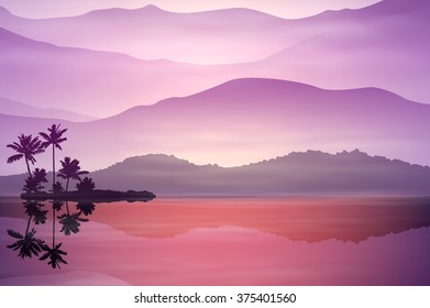 Purple background with sea and palm trees at night. EPS10 vector.