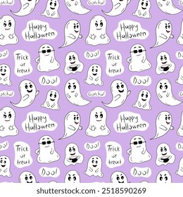 A purple background with a seamless pattern of ghosts and the words Happy Halloween, Trick or treat. The ghosts are smiling and wearing sunglasses