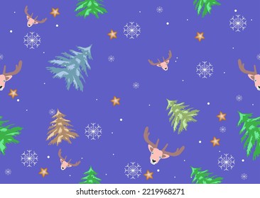 Fondo púrpura con un patrón sin fisuras, con renos, copos de nieve y árboles de Navidad. Se puede utilizar para Año Nuevo y Navidad, como encabezado de página web. Ilustración del vector