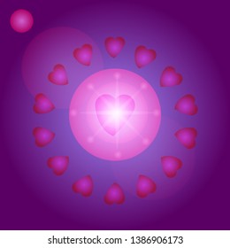 Purple background with shining in the center stronger circles. A red heart in the middle of that glow. For social networks