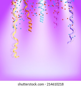 Purple background with shiny streamers and confetti. Vector illustration.