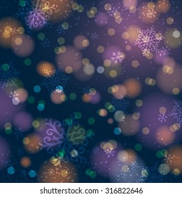 Purple background with snowflake and bokeh, vector illustration