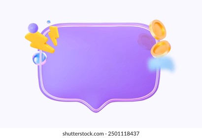 Purple background speech bubbles, featuring coins and a lightning bolt symbol