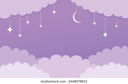 Purple background for text. Illustrations of clouds, stars and moon.