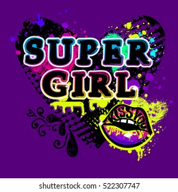 Purple background with text words Super Girl, comic style lips, kiss you, grunge dots hearts, spray paint, ink in bright neon colors. Fashion illustration for girlish t shirt design, fancy wallpaper. 