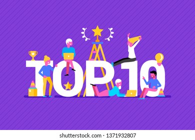 Purple background of top ten with people 
