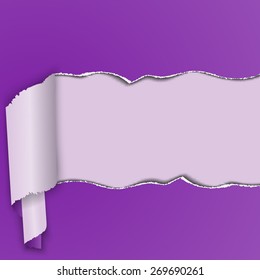 Purple background with a torn strip of paper, curled into a roll. Vector illustration