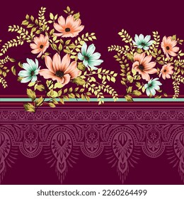 purple background and traditional seamless border with attractive multicolor of flowers