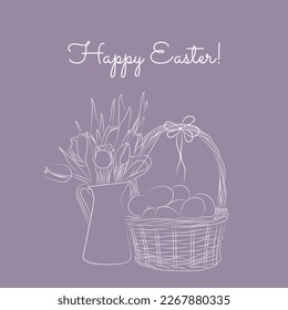 Purple background with tulips and a basket of eggs drawn in lineart style