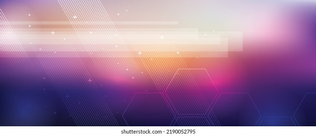 Purple background in vector illustration with glow and movement,  bright geometric shape, hexagons and parallel lines.