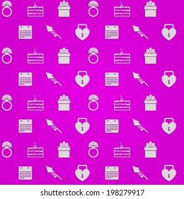 Purple background for wedding. Vector pattern with gray silhouette icons for wedding on purple background.