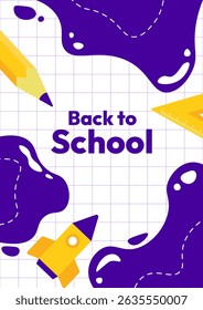 A purple background with a white grid and a yellow pencil. The word "back to school" is written in white