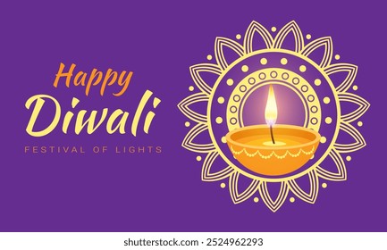 Um fundo roxo com uma flor amarela e uma vela acesa. O fundo diz Happy Diwali Festival of Lights