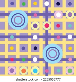 Purple background with yellow lines and colorful circles decoration ornaments vector wallpaper isolated on square template