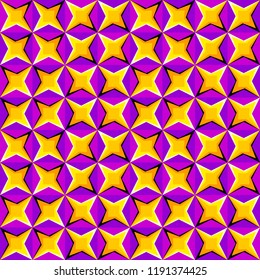 Purple background with yellow stars. Spin illusion. Seamless pattern.