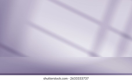 Purple background,Minimal abstract light effect on podium stand for product display.Interior room with soft shadow,sunlight from window frame on pastel purple wall and floor