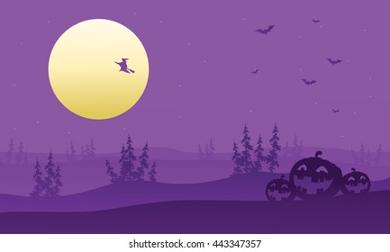 Purple backgrounds silhouette of witch and pumpkins illustration