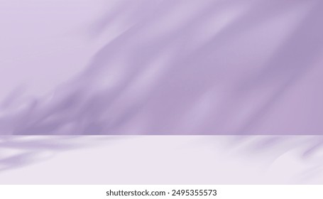 Purple Background,Studio Room with Abstract light,Leaves Shadow on Floor and Wall for Autumn Product Present.Backdrop Pastel Colour Gradient platform 3d Podium Display,Vector illustration banner