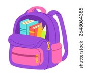 A purple backpack with books and pencils inside. The books are of different sizes and colors