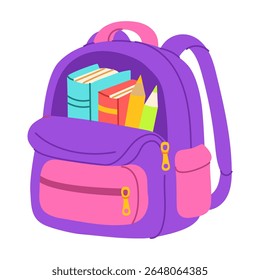 A purple backpack with books and pencils inside. The books are of different sizes and colors