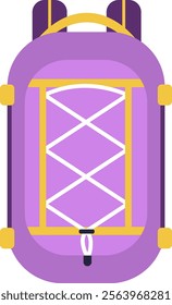 Purple backpack showcasing vibrant yellow straps and crisscross strings across its surface, designed for securely carrying items during adventures, travel, and outdoor activities