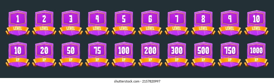 Insignias púrpuras con número de nivel y puntos xp para el diseño ui del juego. Iconos vectoriales de etiquetas de piedra de cristal con rango, experiencia y cintas anaranjadas aisladas en el fondo