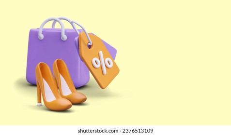 Bolsa morada, etiqueta de descuento, tacones altos. Composición vectorial realista al estilo de las caricaturas. Concepto sobre fondo amarillo, lugar para texto, logotipo, precio promocional