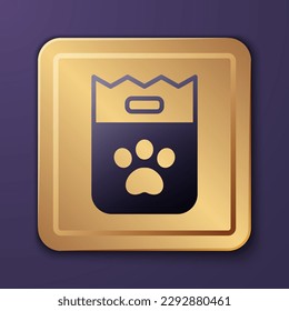 Purple Bag of food for dog icon isolated on purple background. Dog or cat paw print. Food for animals. Pet food package. Gold square button. Vector