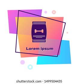 Purple Bag of food for pet icon isolated on white background. Food for animals. Dog bone sign. Pet food package. Color rectangle button. Vector Illustration