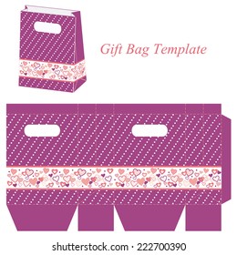 Purple bag template with hearts and dots, vector illustration