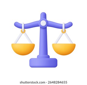 Purple balance scales with yellow gold scale pans. Decision, justice and law concept. 3d vector icon. Cartoon minimal style.