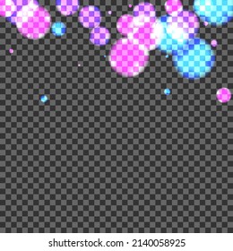 Purple Ball Background Transparent Vector. Dot Glow Card. Magic Template. Pink Flare Christmas Illustration. Blue Firework.
