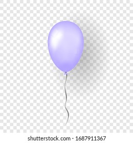 Purple balloon 3D, thread, isolated white transparent background. Color glossy flying baloon, ribbon, birthday celebrate, surprise. Helium ballon gift. Realistic design happy bday. Vector illustration