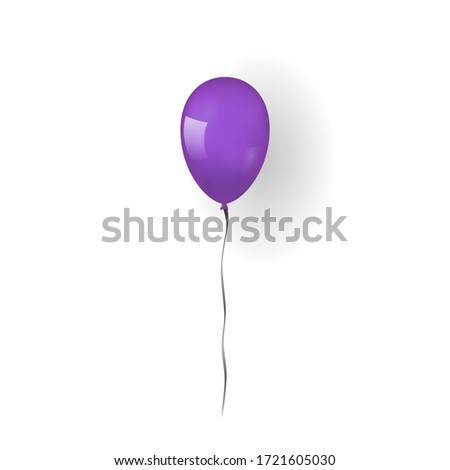 Purple balloon 3D, thread, isolated white background. Color glossy flying baloon, ribbon for birthday celebrate, surprise. Helium ballon gift. Realistic shape, design happy bday. Vector illustration