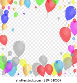 Purple Balloon Background Transparent Vector. Air Anniversary Design. Bright Circus. Red Confetti. Toy 3d Border.