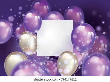 Purple balloon birthday background with free space on paper banner and blurred lighting glitters. Birthday background with ballons. Purple
ballons and confetti.