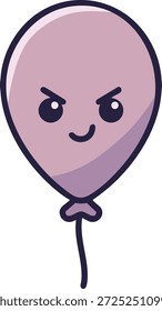 Ein violetter Ballon mit einem spitzbübischen Gesicht und dünner Schnur schwimmt in einem verspielten Cartoon-Look auf Weiß.