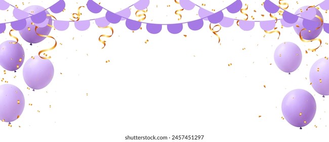 purple balloons and bunting hanging garland flag, gold ribbons and confetti decoration frame background