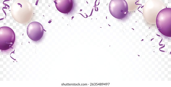 Purple balloons and confetti banner, isolated on transparent background