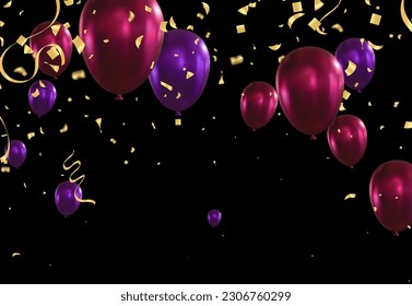 Purple balloons and confetti on black background. Vector illustration.