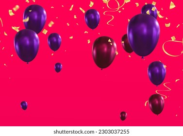 Purple balloons and confetti on a red background. Vector illustration.